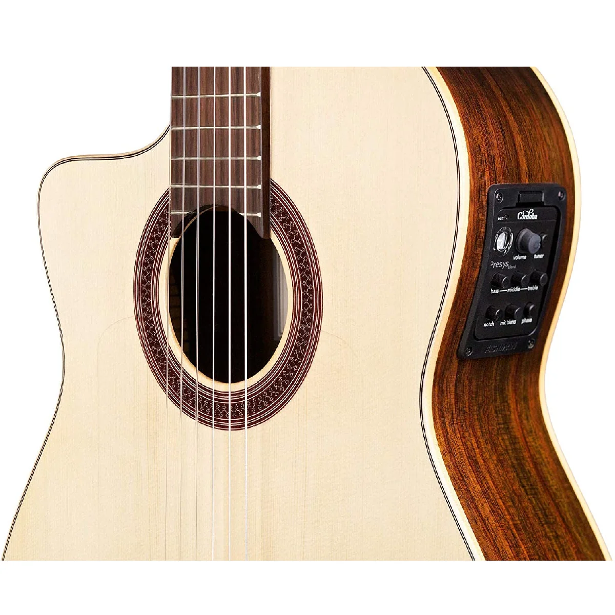 Cordoba GK Studio Negra Lefty 12 Góc chụp 3/4 khoe hệ thống pickup Fishman Presys Blend trên cây đàn Cordoba GK Studio Negra Lefty chuyên nghiệp