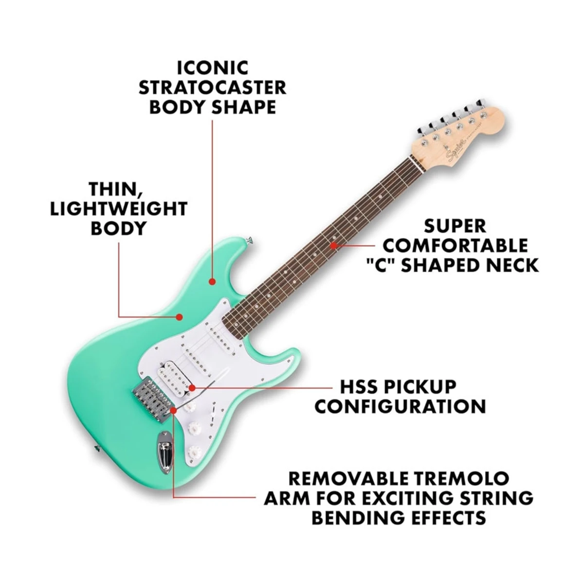 Đàn guitar điện Squier Debut Stratocaster HSS Laurel Sea Foam Green 2 Đàn guitar điện Squier Debut Stratocaster HSS Laurel Sea Foam Green - Ảnh 2