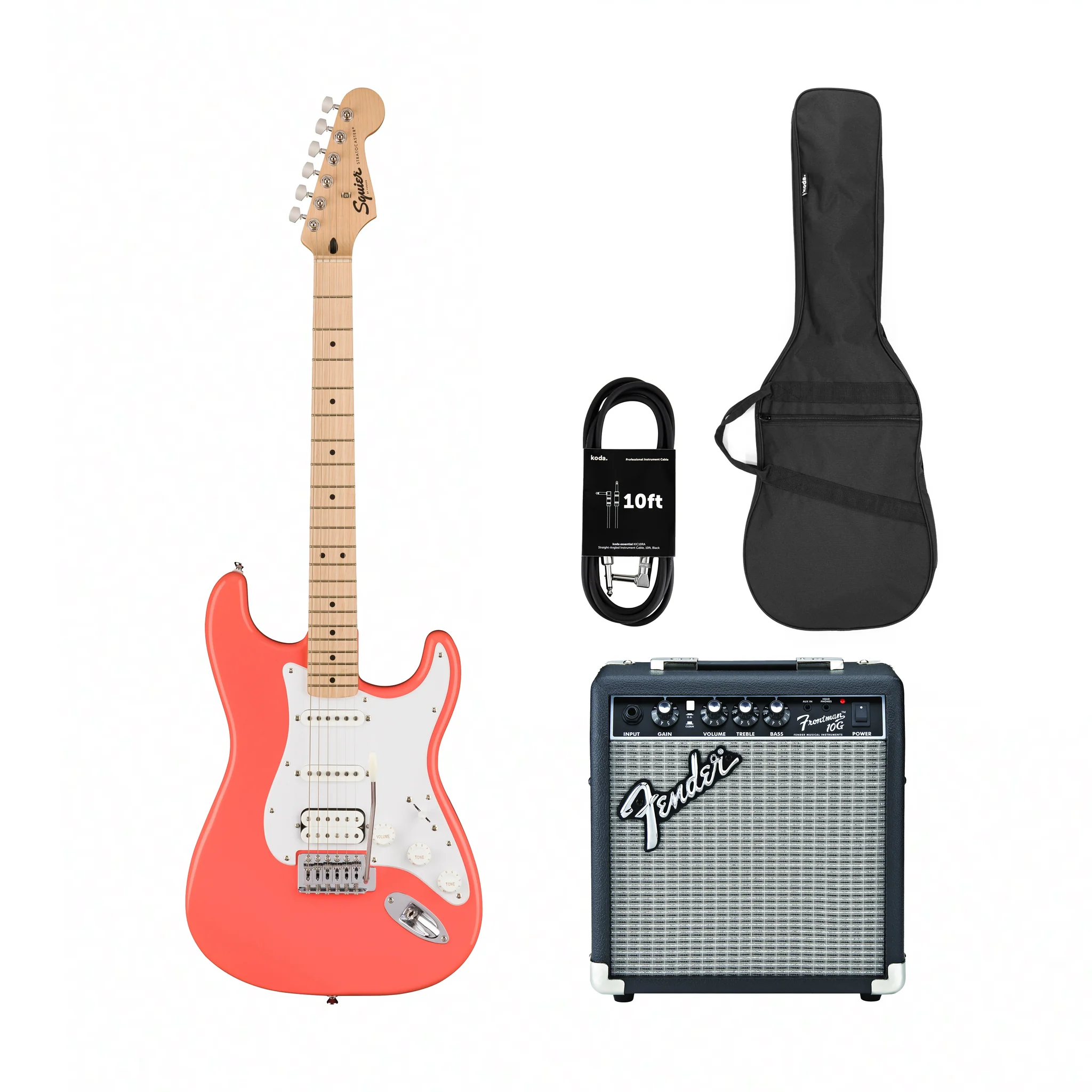 Đàn guitar điện Squier Sonic Stratocaster HSS Tahitian Coral 1 Guitar điện Squier Sonic Stratocaster HSS Maple màu Tahitian Coral kèm phụ kiện