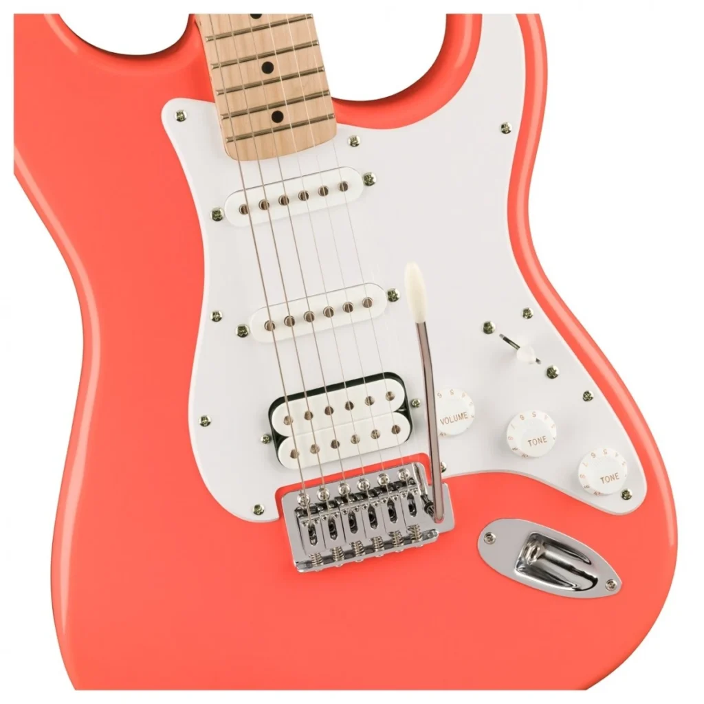 Đàn guitar điện Squier Sonic Stratocaster HSS Tahitian Coral 23 Guitar điện Squier Sonic Stratocaster HSS Tahitian Coral chính hãng cận cảnh mặt trước