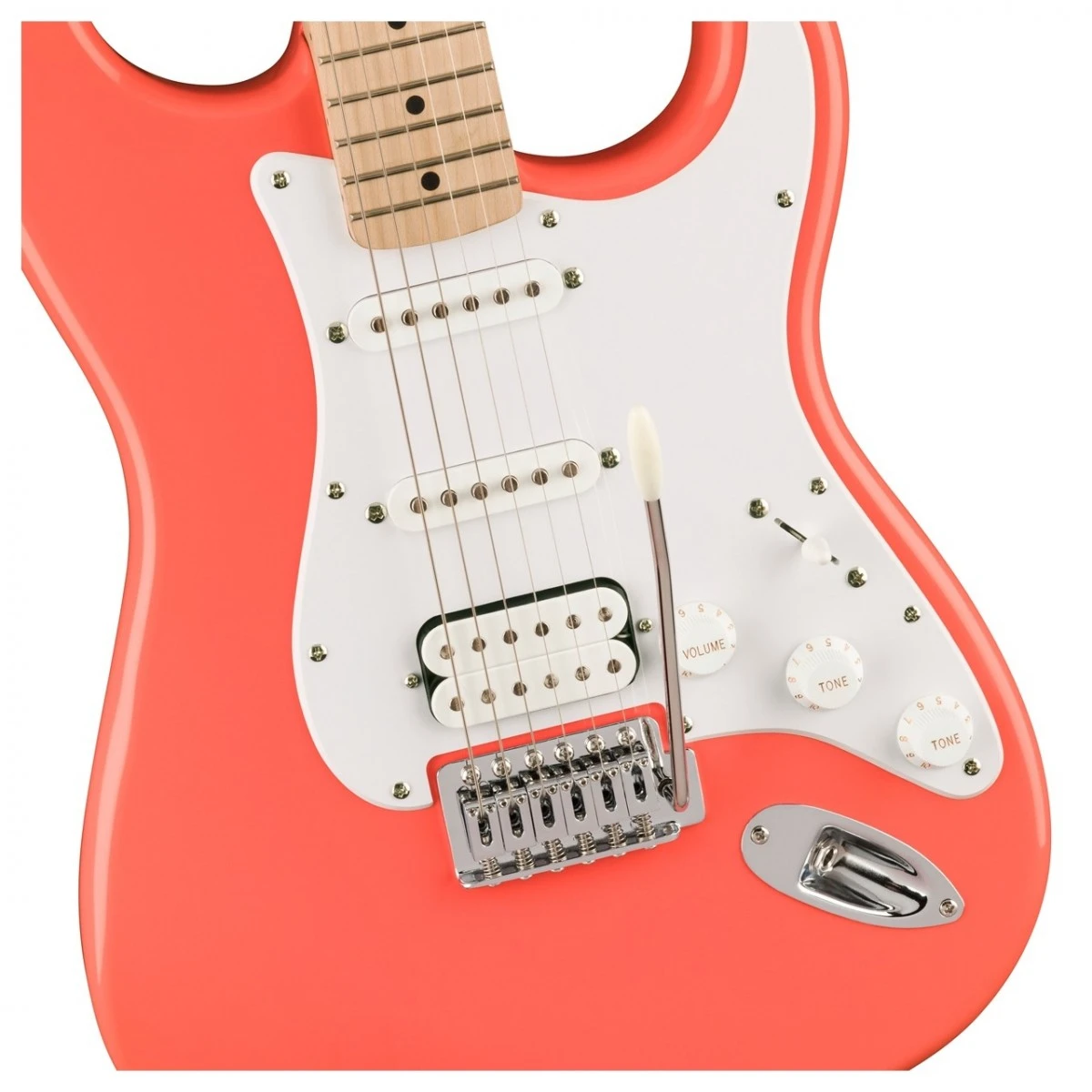 Đàn guitar điện Squier Sonic Stratocaster HSS Tahitian Coral 5 Guitar điện Squier Sonic Stratocaster HSS Tahitian Coral chính hãng cận cảnh mặt trước